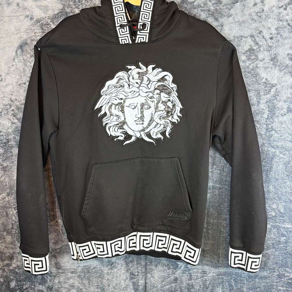 Makobi Mens Large Black Fleece Pullover Hoodie Greek Key Trim Medusa Graphic